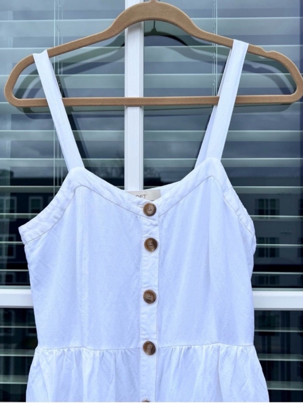 LOFT White Linen Blend Button Front Fit Flare Sundress Size 6 Pockets - Picture 7 of 17